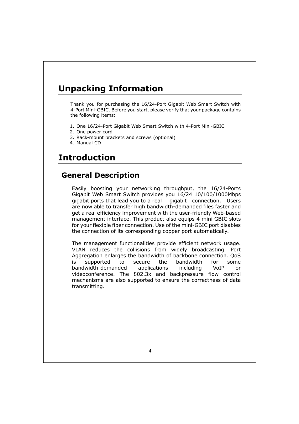 Unpacking information, Introduction, General description | Longshine LCS-GS9428 User Manual | Page 4 / 46