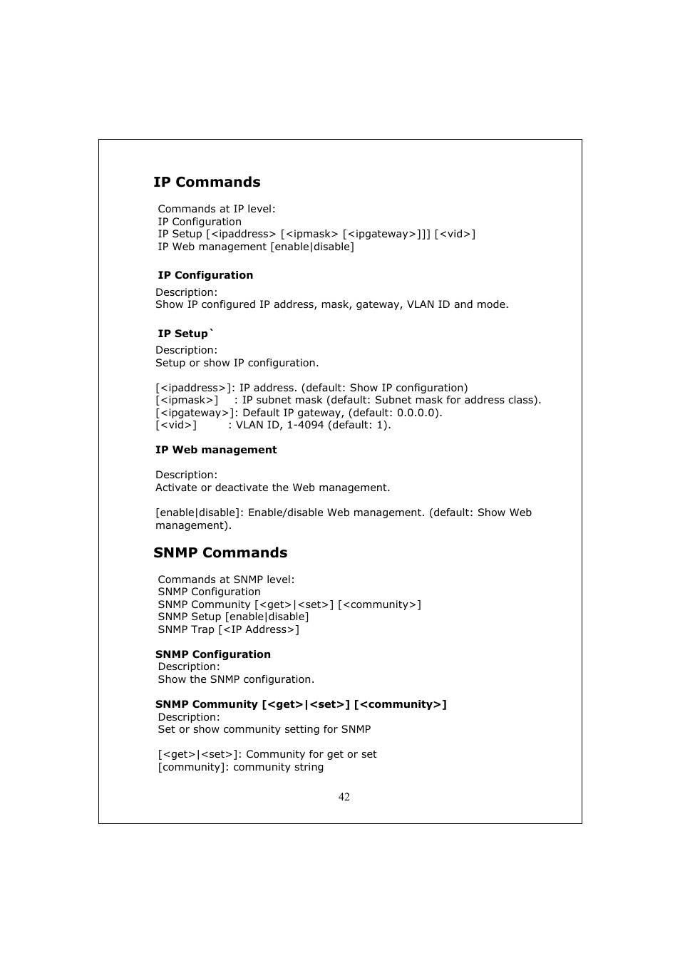 Ip commands, Snmp commands | Longshine LCS-GS9428 User Manual | Page 42 / 46