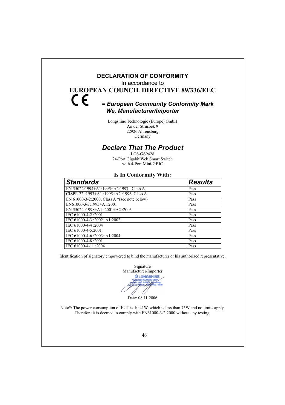 Declare that the product, Standards results, Declaration of conformity in accordance to | Is in conformity with | Longshine LCS-GS9428 User Manual | Page 46 / 46