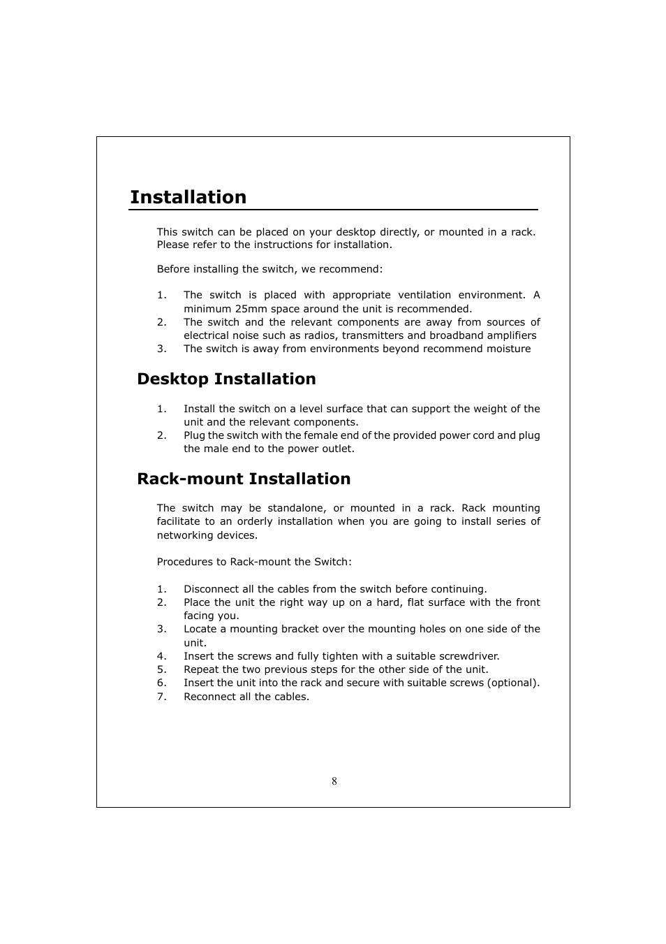 Installation, Desktop installation, Rack-mount installation | Longshine LCS-GS9428 User Manual | Page 8 / 46