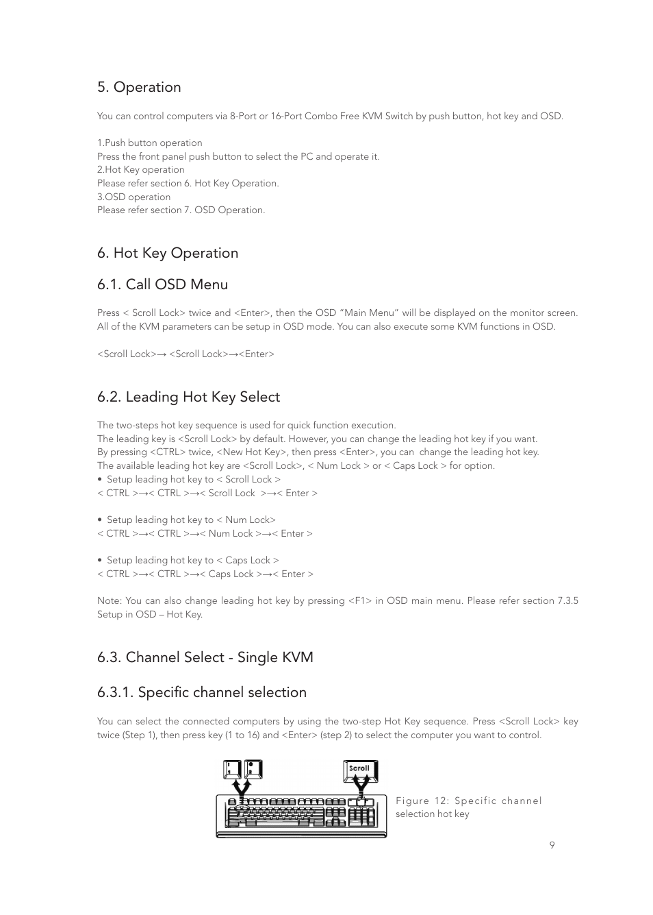 Operation, Hot key operation 6.1. call osd menu, Leading hot key select | Longshine LCS-K916 User Manual | Page 10 / 21