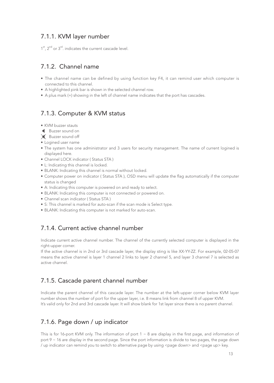 Kvm layer number, Channel name, Computer & kvm status | Current active channel number, Cascade parent channel number, Page down / up indicator | Longshine LCS-K916 User Manual | Page 14 / 21