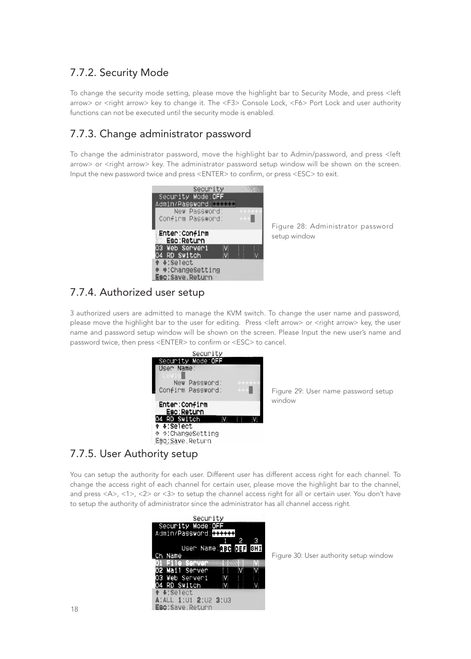 Security mode, Change administrator password, Authorized user setup | User authority setup | Longshine LCS-K916 User Manual | Page 19 / 21