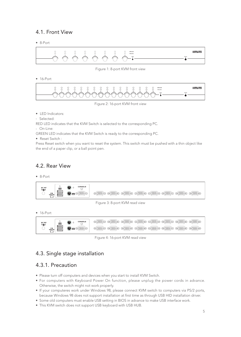 Front view, Rear view, Single stage installation 4.3.1. precaution | Longshine LCS-K916 User Manual | Page 6 / 21