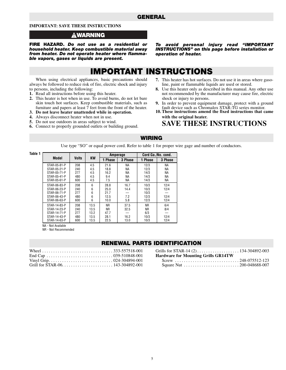 Important instructions, Save these instructions, Renewal parts identification | General, Wiring | Chromalox STAR-06A User Manual | Page 5 / 6