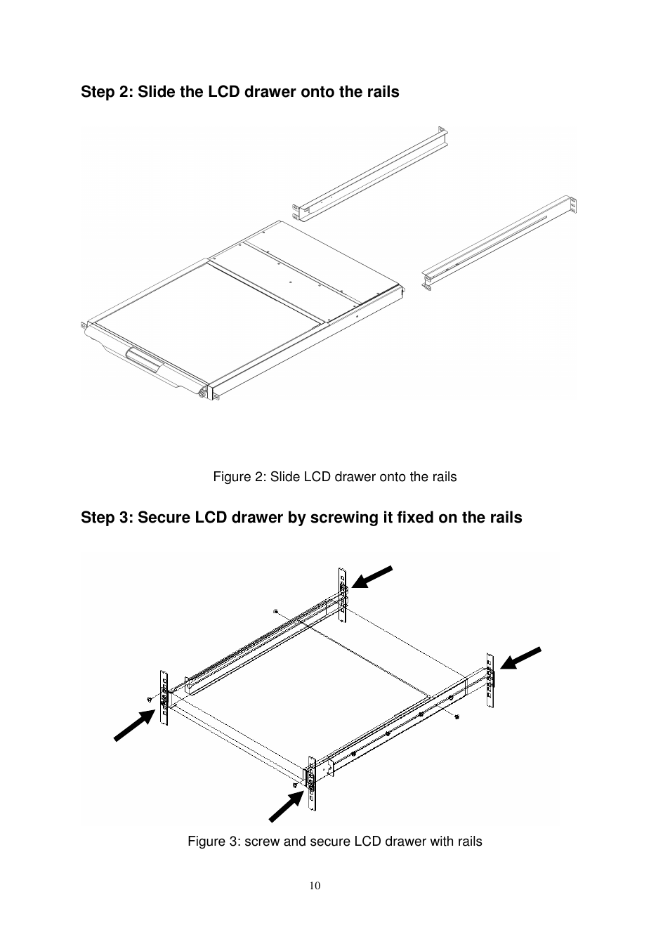 Step 2: slide the lcd drawer onto the rails | Longshine LCS-KL-2716M User Manual | Page 11 / 38