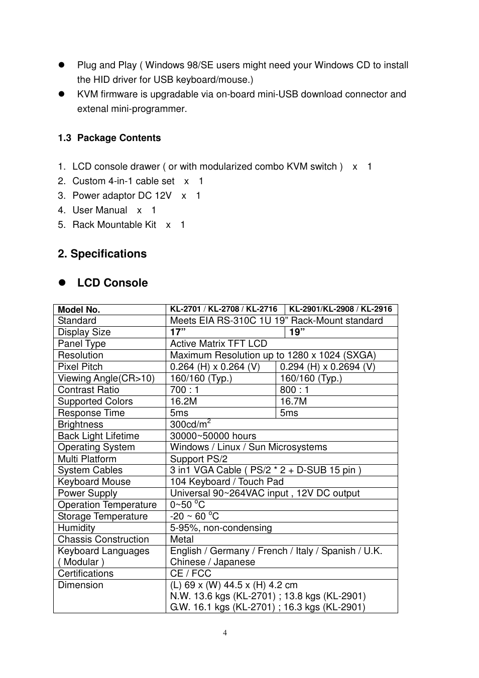Specifications lcd console | Longshine LCS-KL-2716M User Manual | Page 5 / 38