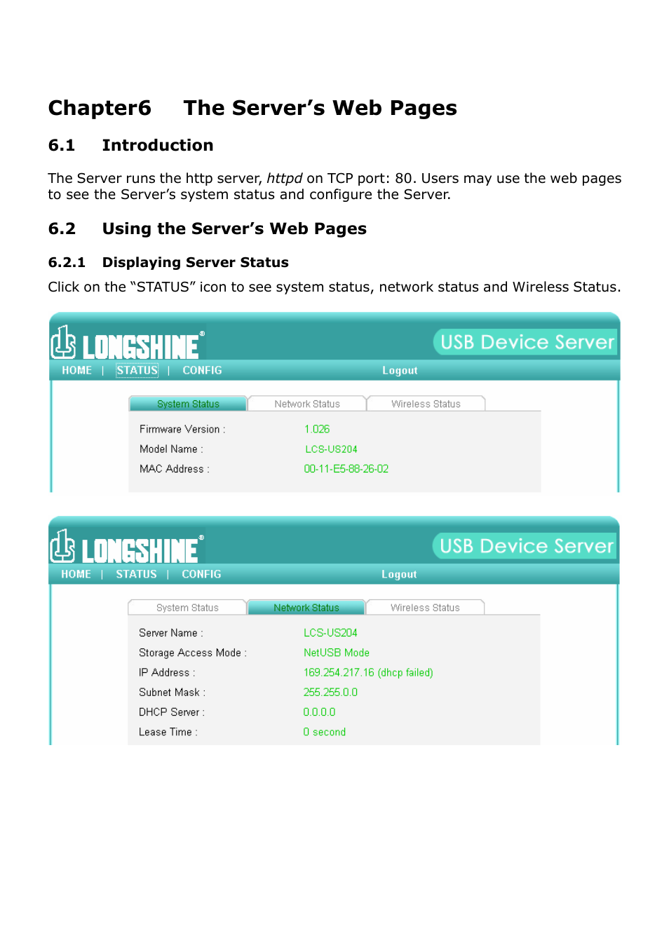 Chapter6 the server’s web pages | Longshine LCS-US204 User Manual | Page 33 / 43