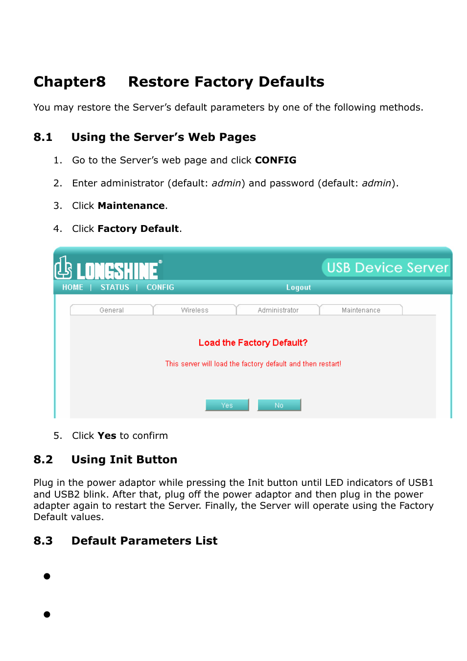 Chapter8 restore factory defaults | Longshine LCS-US204 User Manual | Page 39 / 43