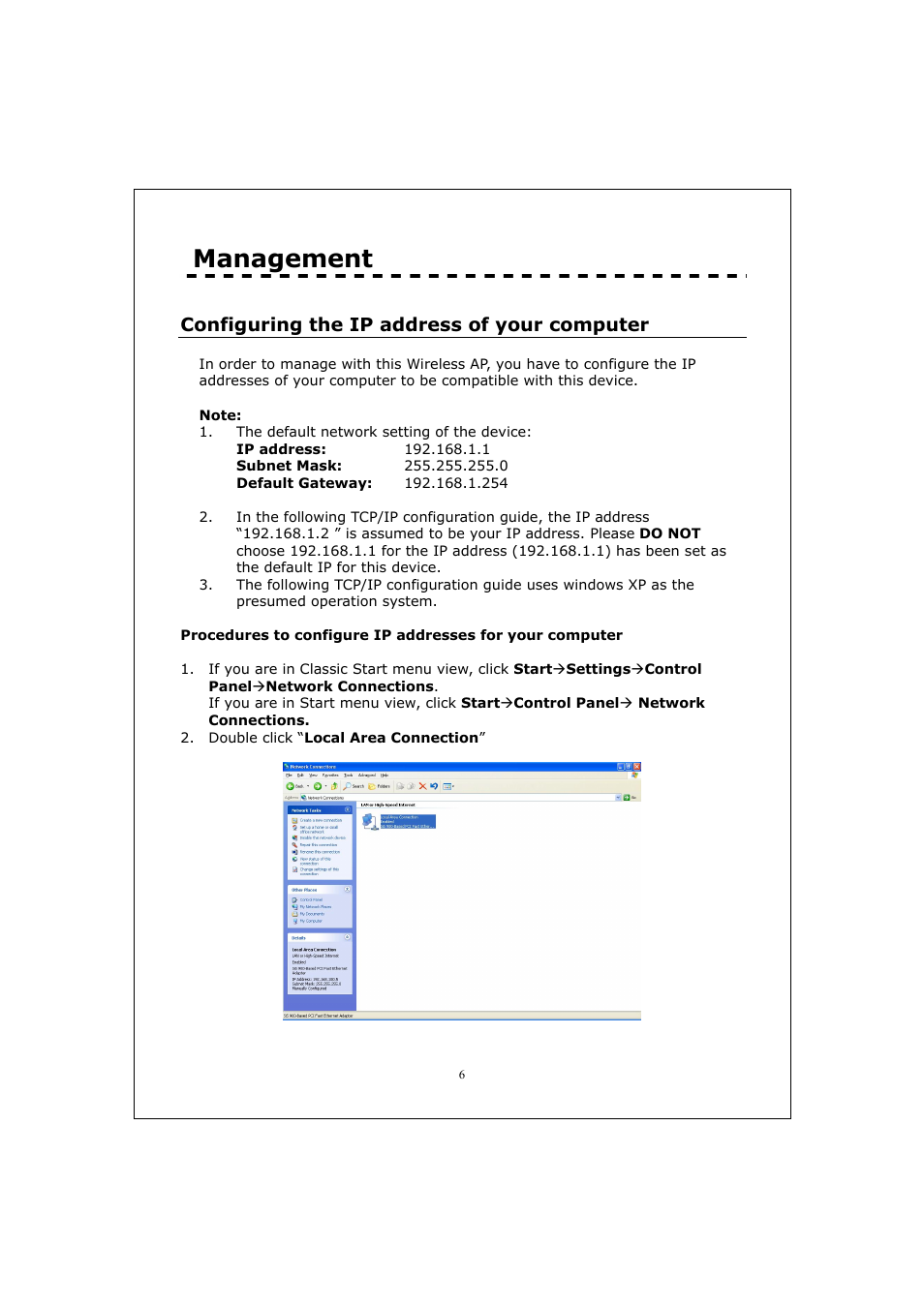 Management, Configuring the ip address of your computer | Longshine LCS-WA5-45 User Manual | Page 10 / 32