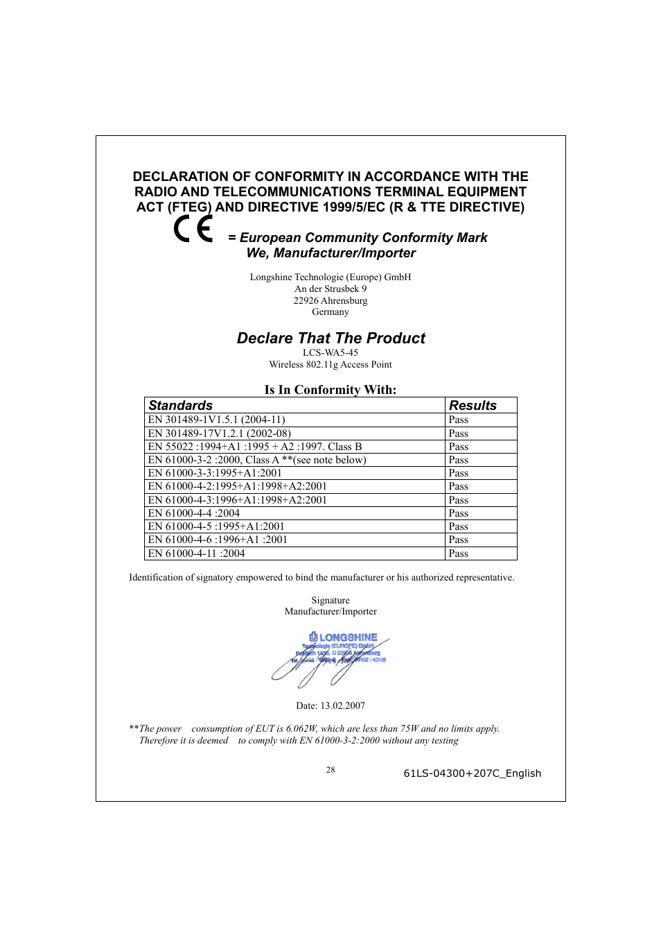 Declare that the product | Longshine LCS-WA5-45 User Manual | Page 32 / 32