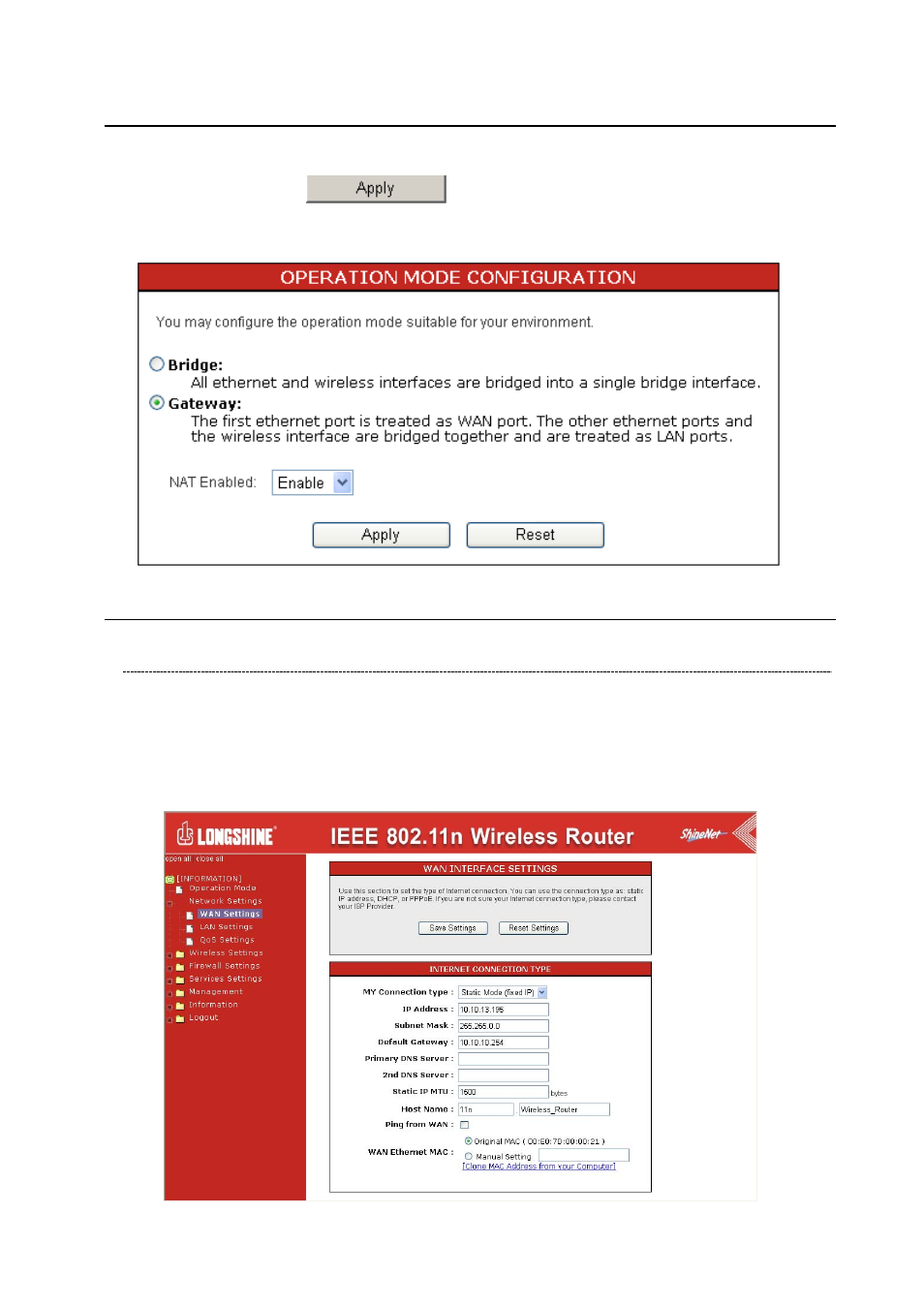 Operation mode, Network setting, Wan interface setup | Longshine LCS-WR5-3214N User Manual | Page 17 / 58