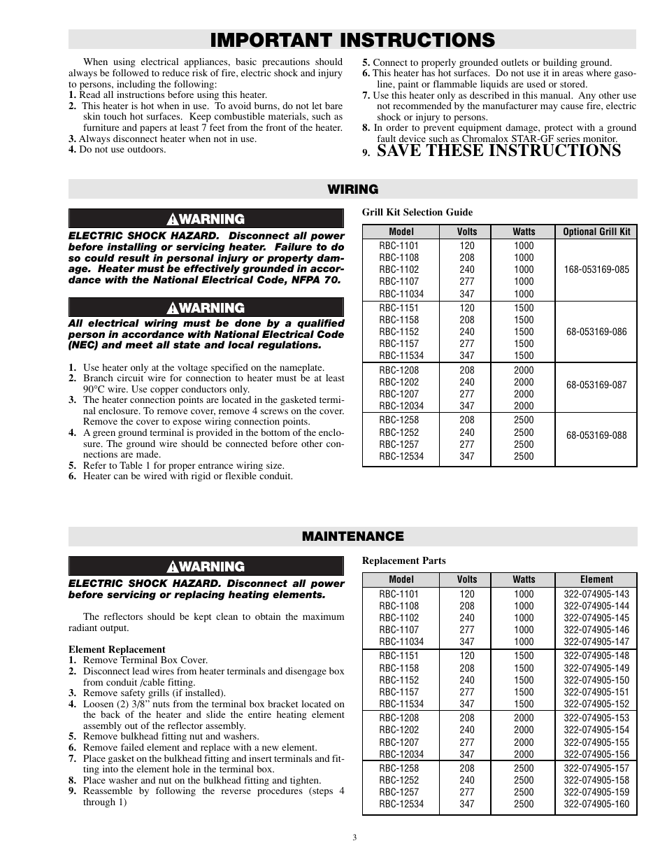 Important instructions, Save these instructions, Wiring | Maintenance | Chromalox PG442 User Manual | Page 3 / 4