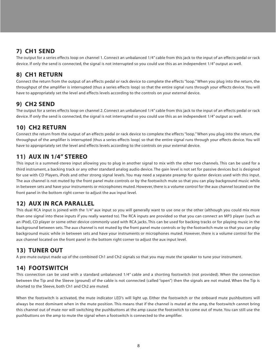 7) ch1 send, 8) ch1 return, 9) ch2 send | 10) ch2 return, 11) aux in 1/4” stereo, 12) aux in rca parallel, 13) tuner out, 14) footswitch | LR Baggs Acoustic Reference Amplifier User Manual | Page 11 / 20