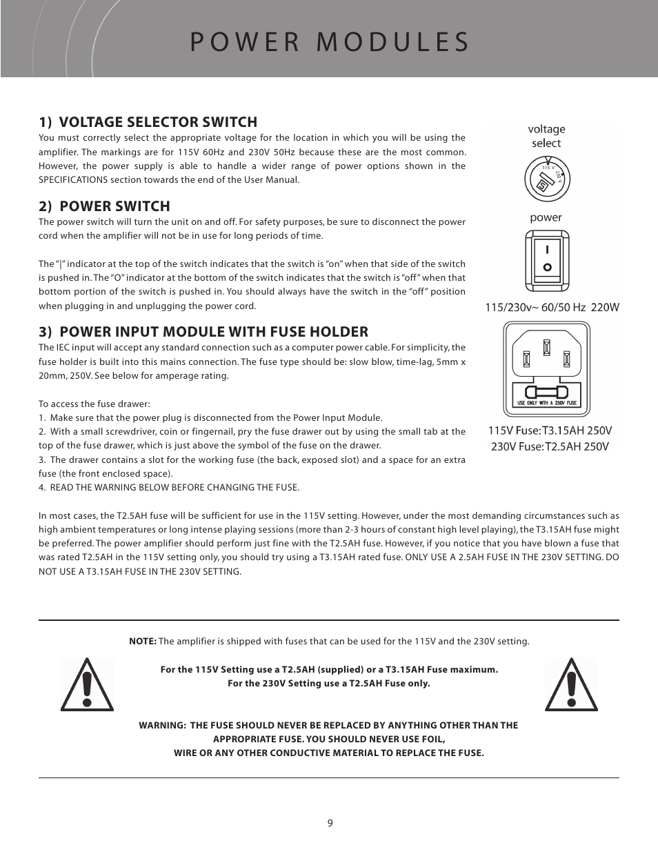 1) voltage selector switch, 2) power switch, 3) power input module with fuse holder | LR Baggs Acoustic Reference Amplifier User Manual | Page 12 / 20