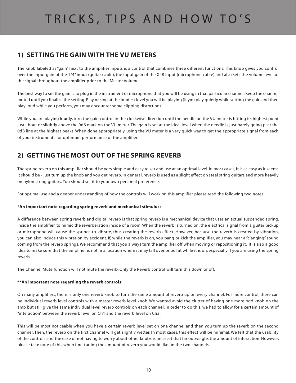 1) setting the gain with the vu meters, 2) getting the most out of the spring reverb | LR Baggs Acoustic Reference Amplifier User Manual | Page 13 / 20