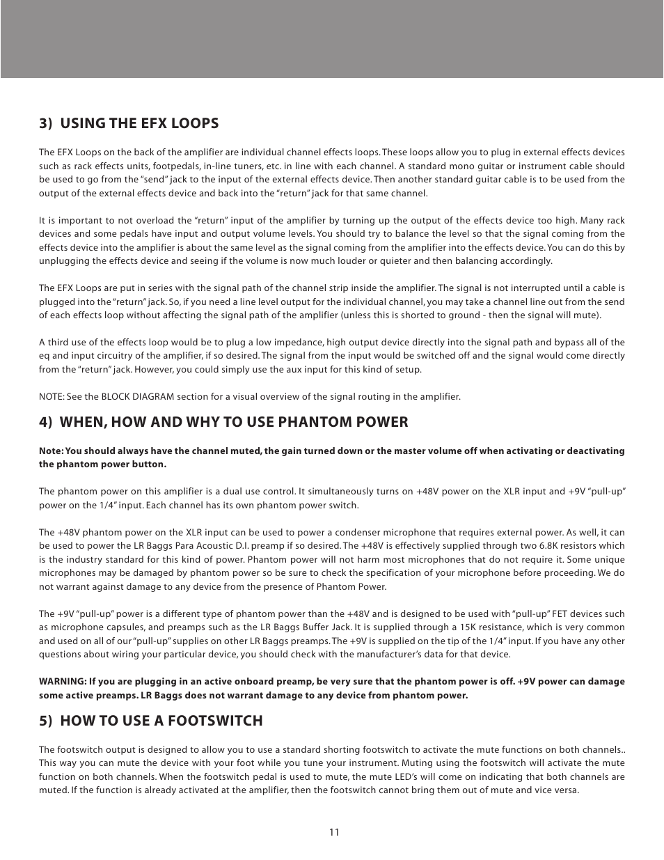 3) using the efx loops, 4) when, how and why to use phantom power, 5) how to use a footswitch | LR Baggs Acoustic Reference Amplifier User Manual | Page 14 / 20