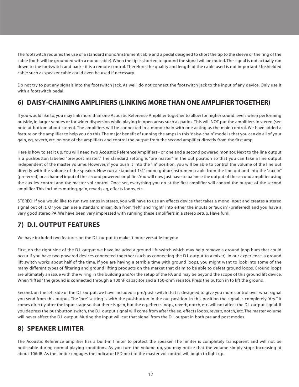 7) d.i. output features, 8) speaker limiter | LR Baggs Acoustic Reference Amplifier User Manual | Page 15 / 20