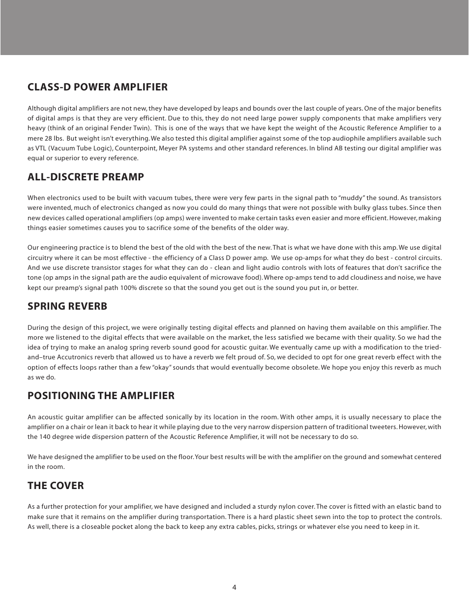 Class-d power amplifier, All-discrete preamp, Spring reverb | Positioning the amplifier, The cover | LR Baggs Acoustic Reference Amplifier User Manual | Page 7 / 20