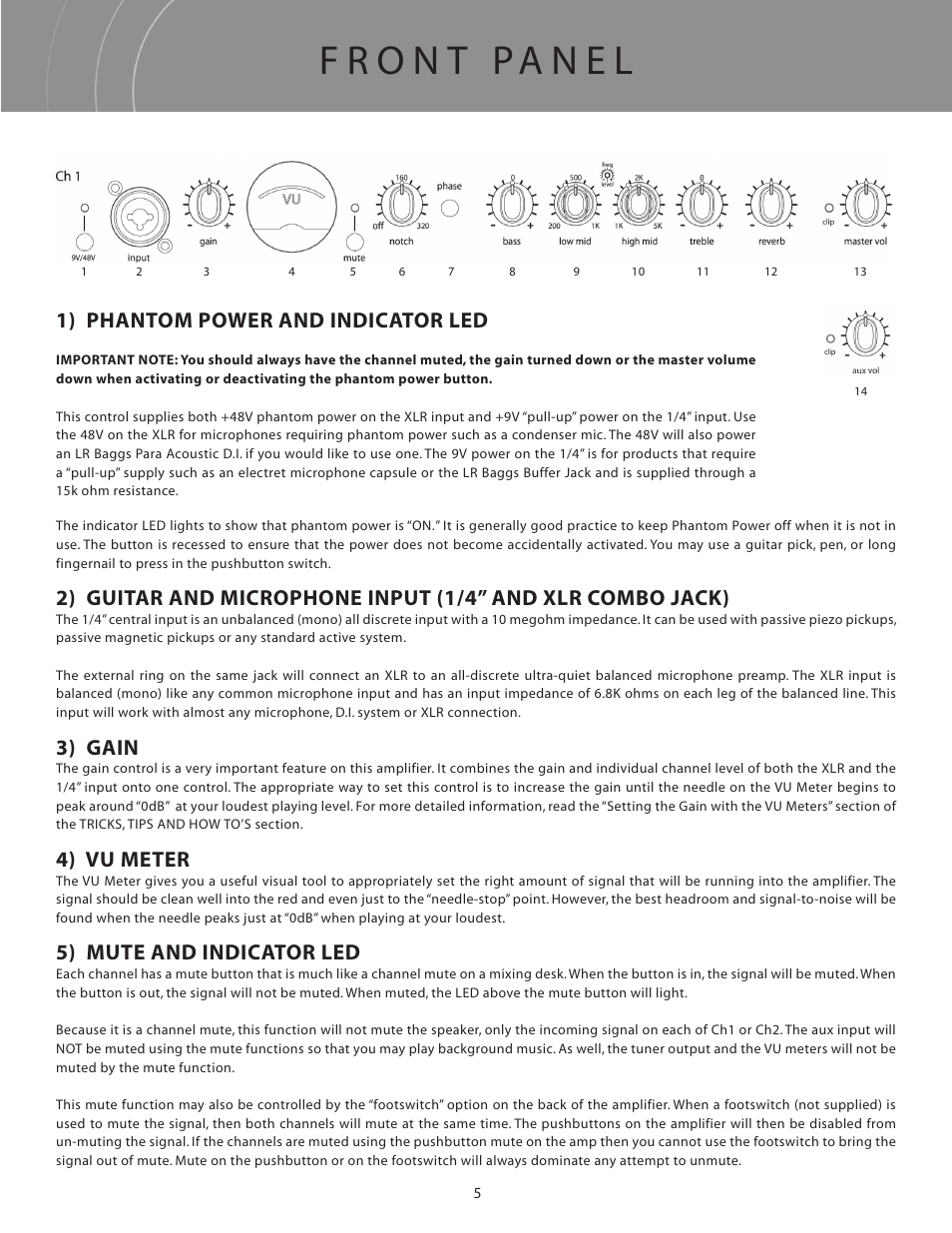 3) gain, 4) vu meter, 5) mute and indicator led | 1) phantom power and indicator led | LR Baggs Acoustic Reference Amplifier User Manual | Page 8 / 20