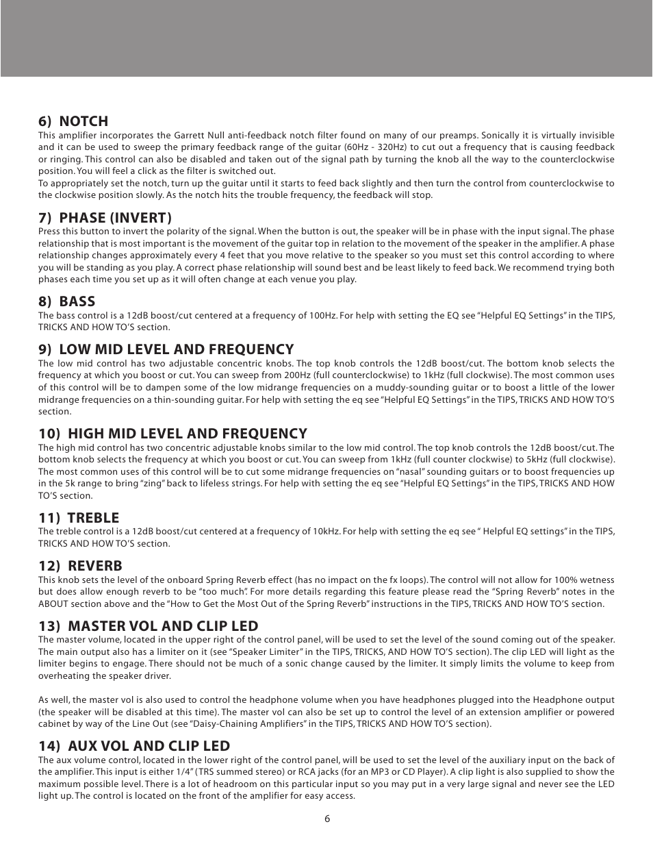 6) notch, 7) phase (invert), 8) bass | 9) low mid level and frequency, 10) high mid level and frequency, 11) treble, 12) reverb, 13) master vol and clip led, 14) aux vol and clip led | LR Baggs Acoustic Reference Amplifier User Manual | Page 9 / 20