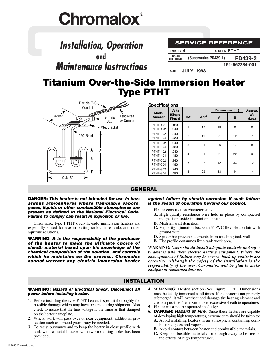 Chromalox PTHT-101 User Manual | 2 pages
