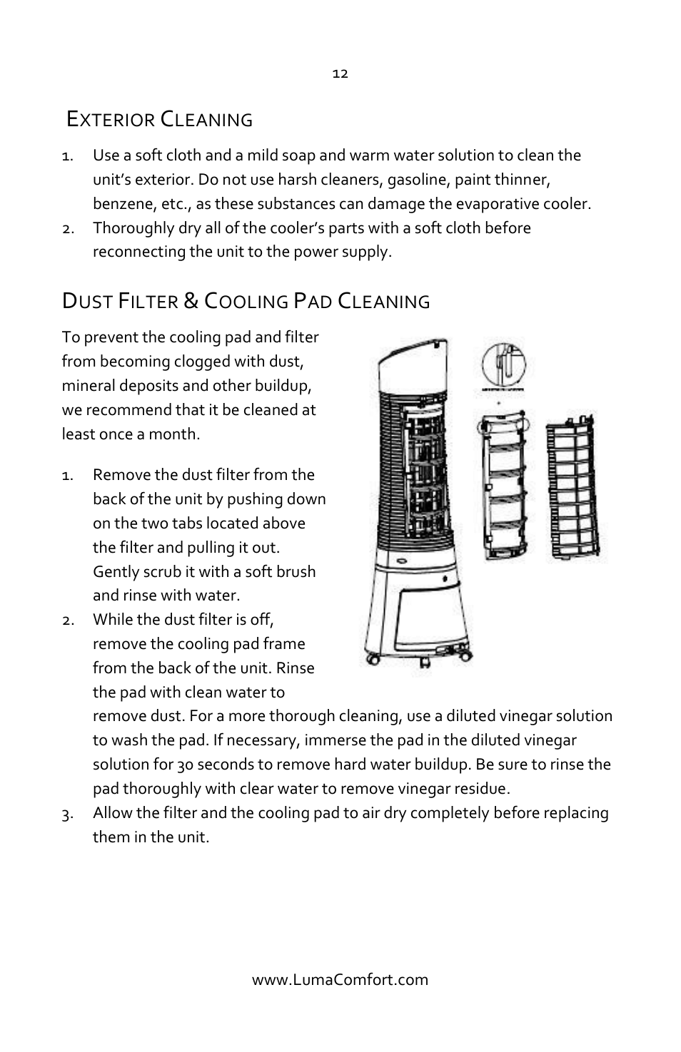 Exterior cleaning, Dust filter & cooling pad cleaning | Luma Comfort EC45S Manual User Manual | Page 12 / 16