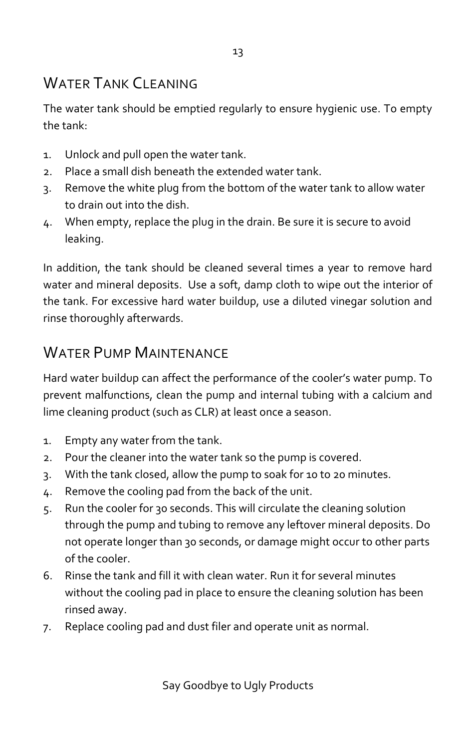 Water tank cleaning, Water pump maintenance | Luma Comfort EC45S Manual User Manual | Page 13 / 16