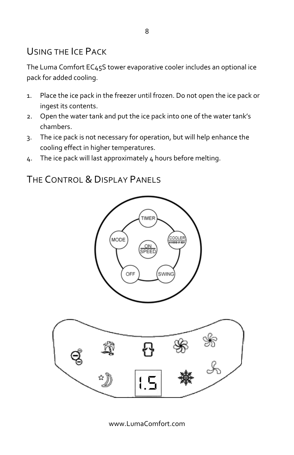 Using the ice pack, The control & display panels | Luma Comfort EC45S Manual User Manual | Page 8 / 16