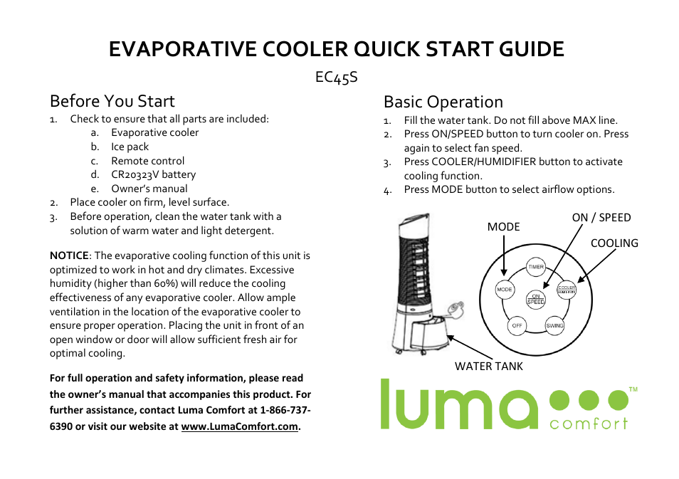 Luma Comfort EC45S Quick Start User Manual | 1 page