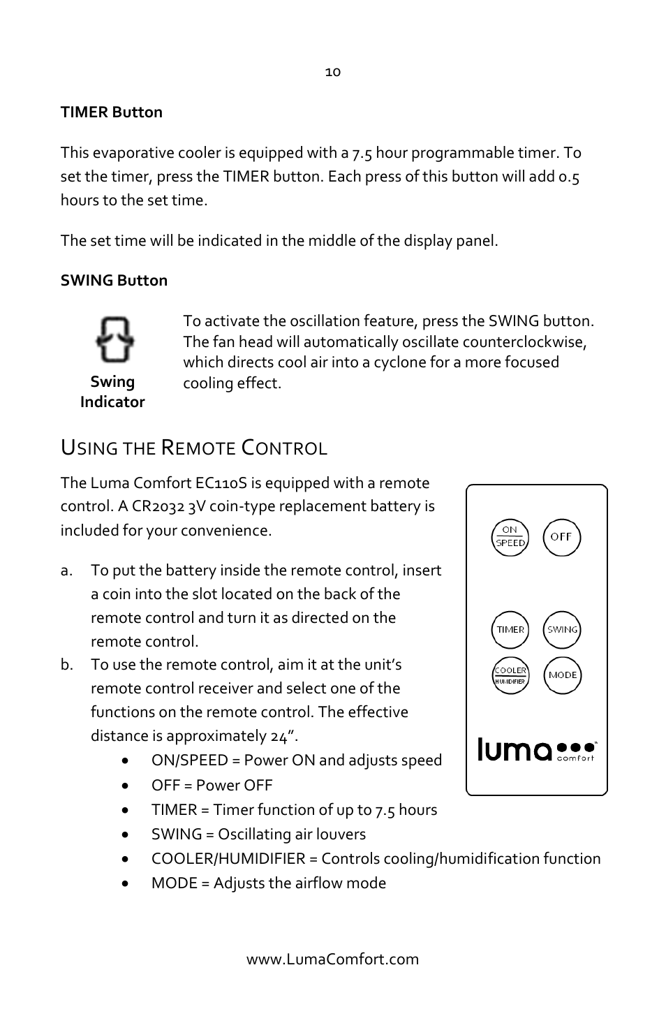 Using the remote control | Luma Comfort EC110S Manual User Manual | Page 10 / 16