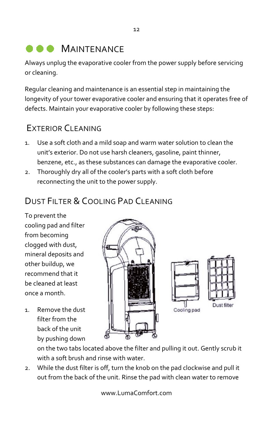 Maintenance, Exterior cleaning, Dust filter & cooling pad cleaning | Luma Comfort EC110S Manual User Manual | Page 12 / 16
