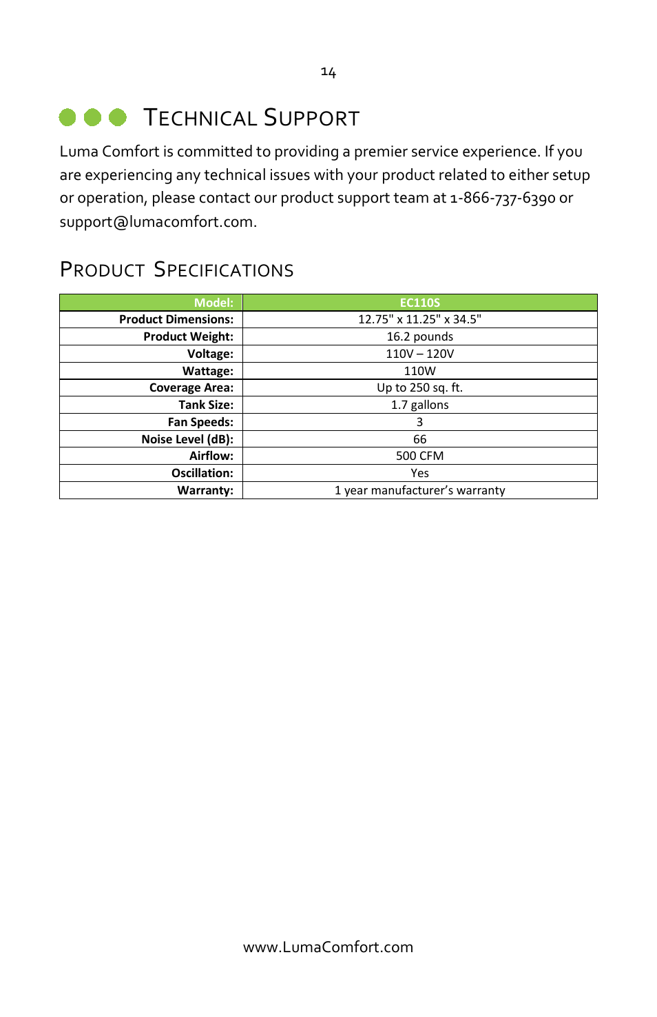 Technical support, Product specifications, Echnical | Upport | Luma Comfort EC110S Manual User Manual | Page 14 / 16