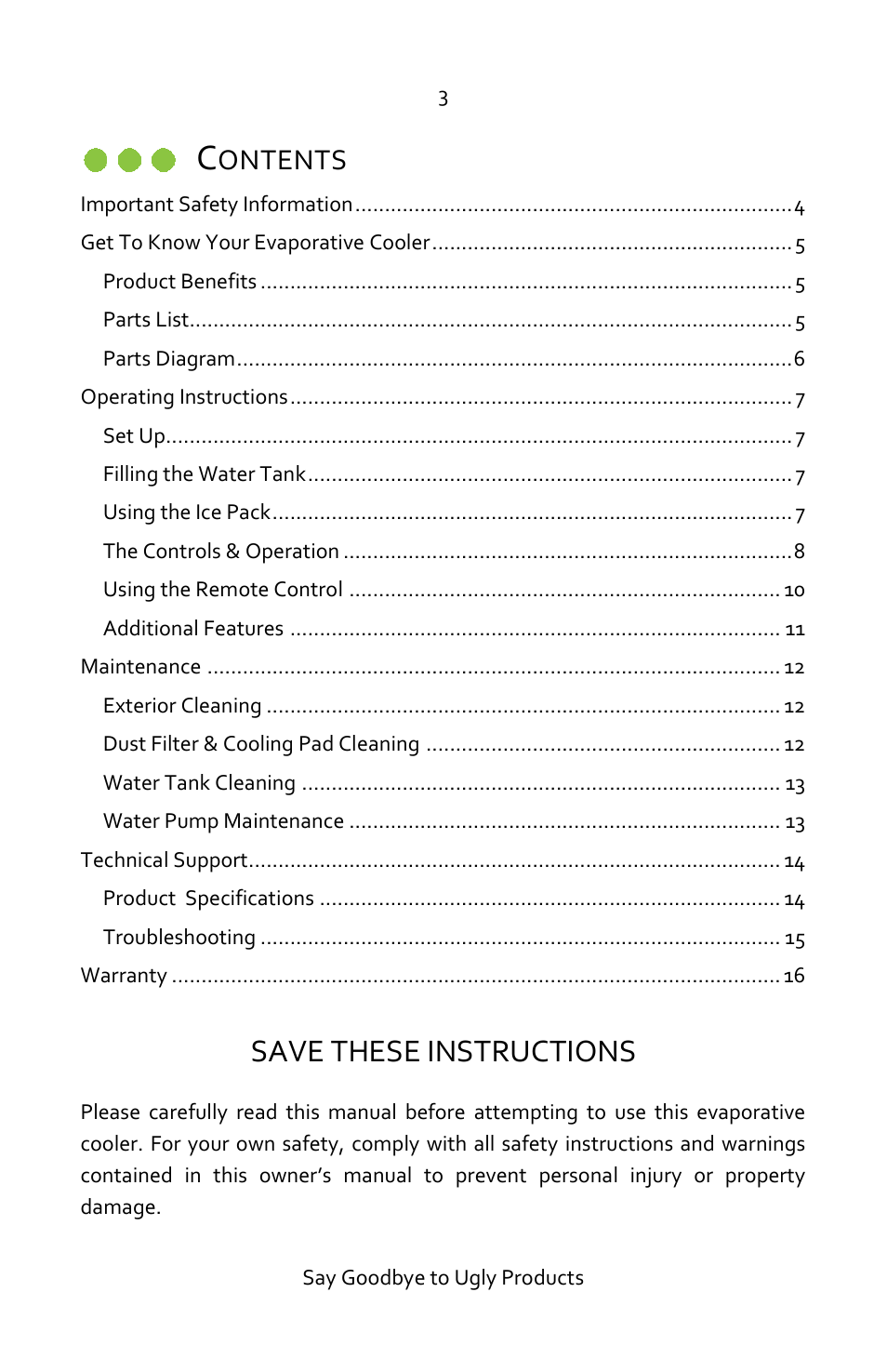 Save these instructions, Ontents | Luma Comfort EC110S Manual User Manual | Page 3 / 16