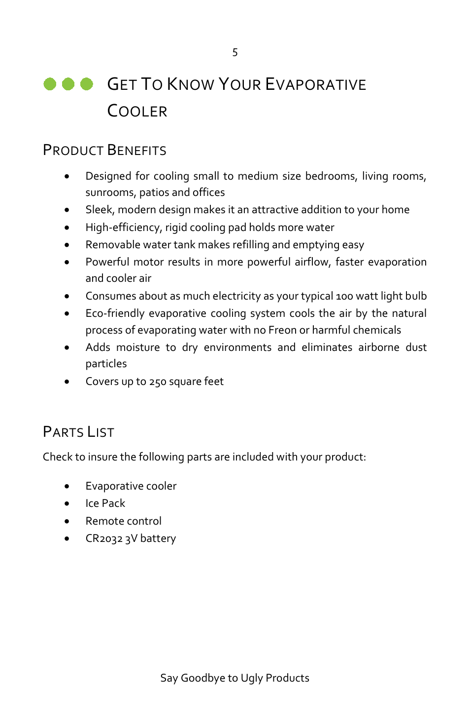 Get to know your evaporative cooler, Product benefits, Parts list | Vaporative, Ooler | Luma Comfort EC110S Manual User Manual | Page 5 / 16