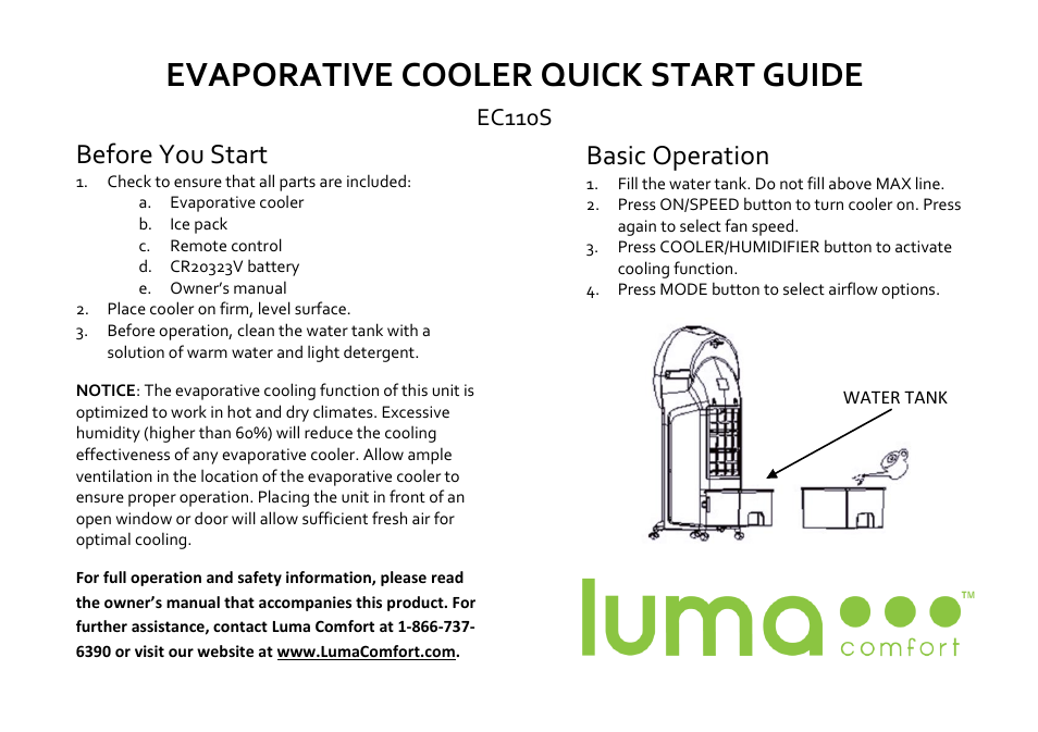 Luma Comfort EC110S Quick Start User Manual | 1 page