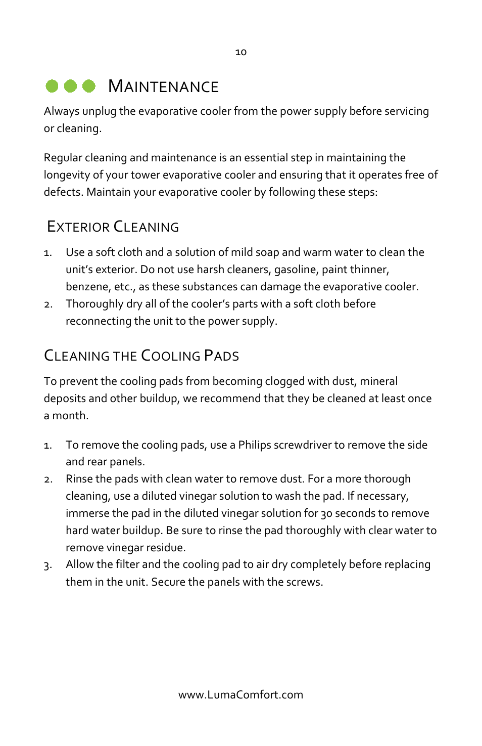 Maintenance, Exterior cleaning, Cleaning the cooling pads | Aintenance | Luma Comfort EC220W Manual User Manual | Page 10 / 14