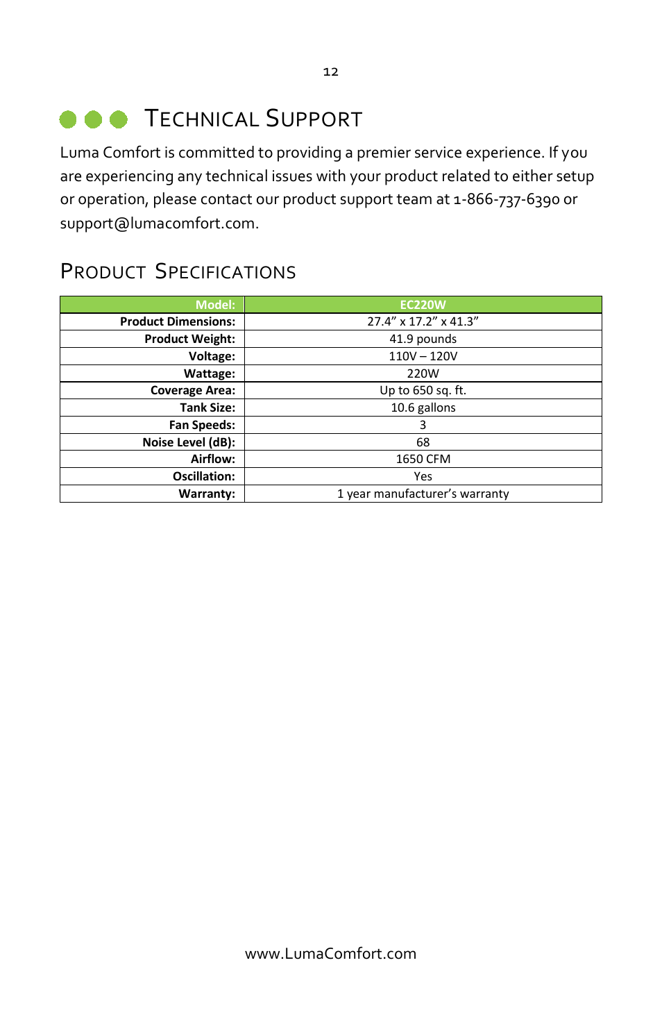 Technical support, Product specifications, Echnical | Upport | Luma Comfort EC220W Manual User Manual | Page 12 / 14