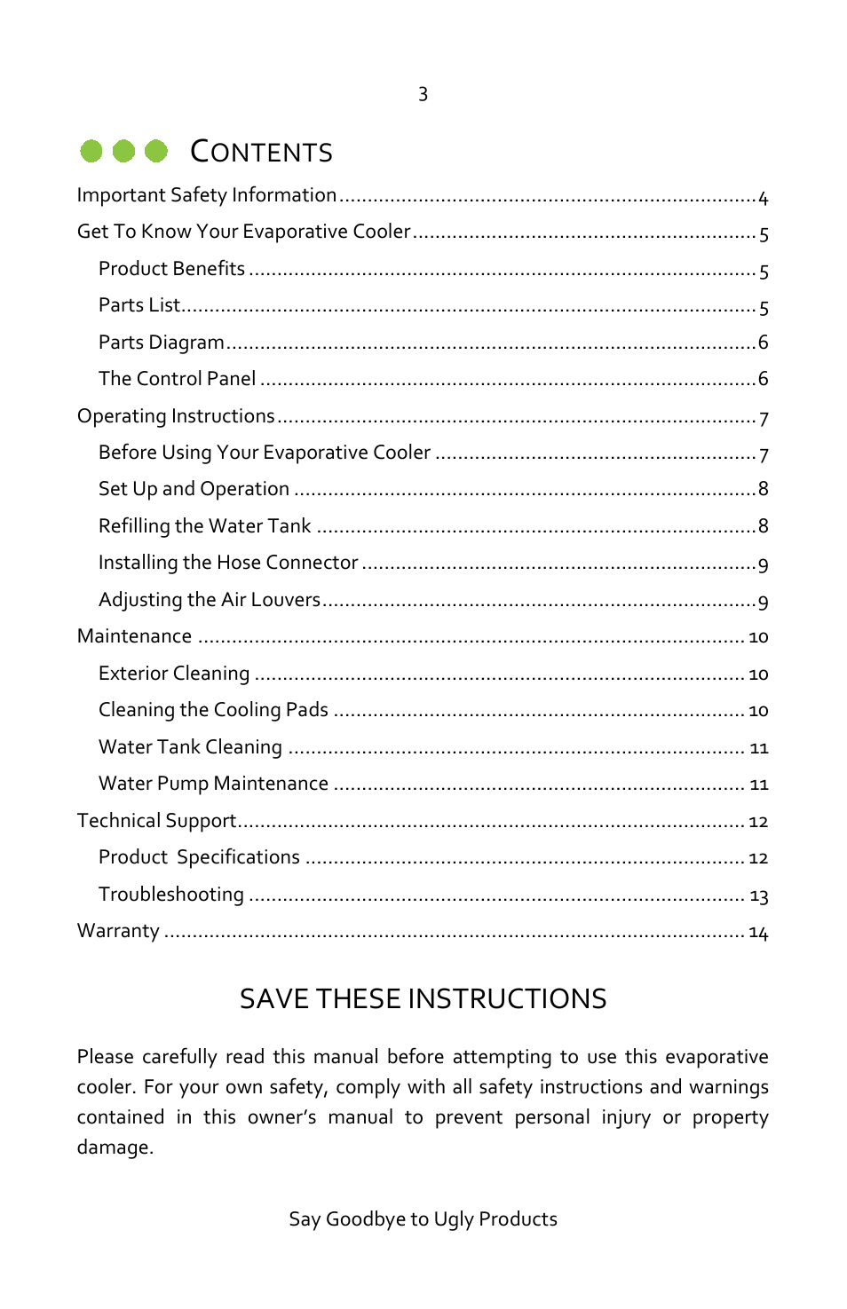 Save these instructions, Ontents | Luma Comfort EC220W Manual User Manual | Page 3 / 14