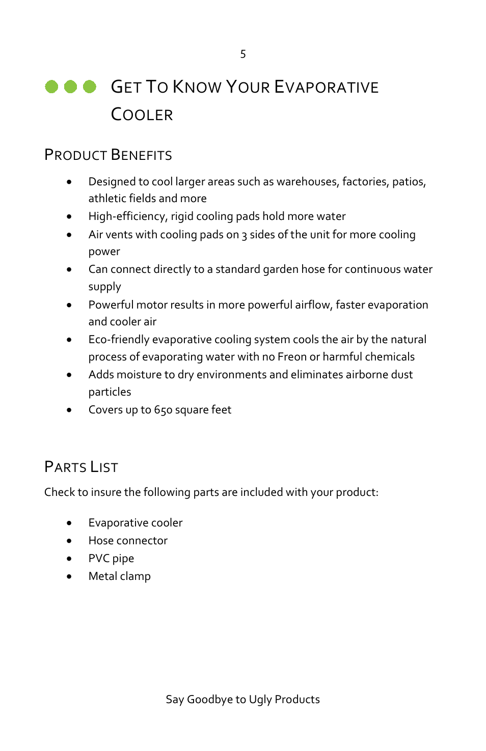 Get to know your evaporative cooler, Product benefits, Parts list | Vaporative, Ooler | Luma Comfort EC220W Manual User Manual | Page 5 / 14
