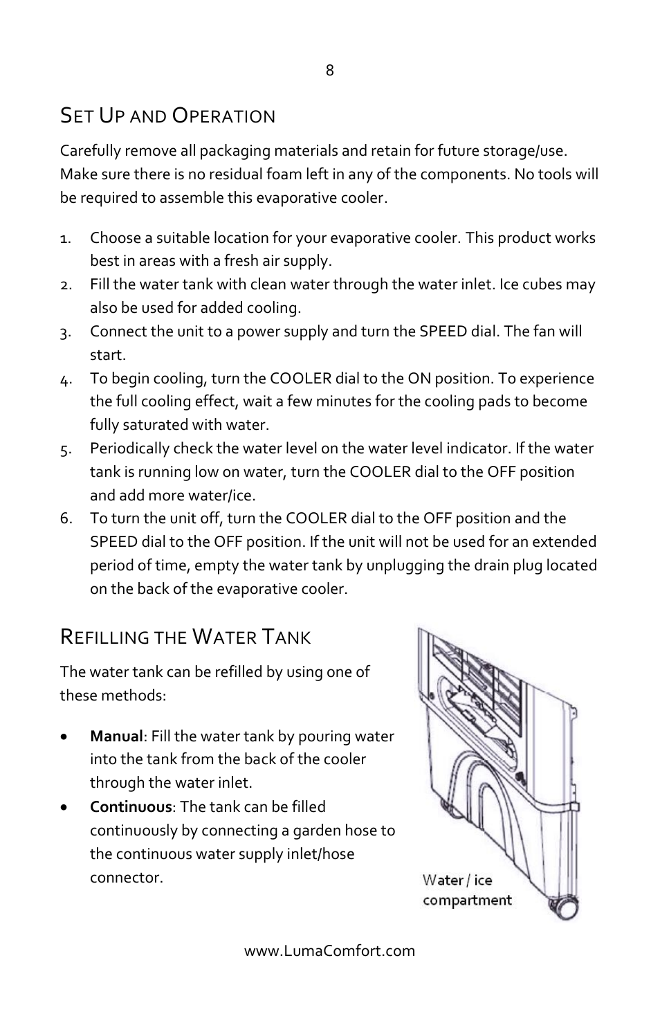 Set up and operation, Refilling the water tank | Luma Comfort EC220W Manual User Manual | Page 8 / 14