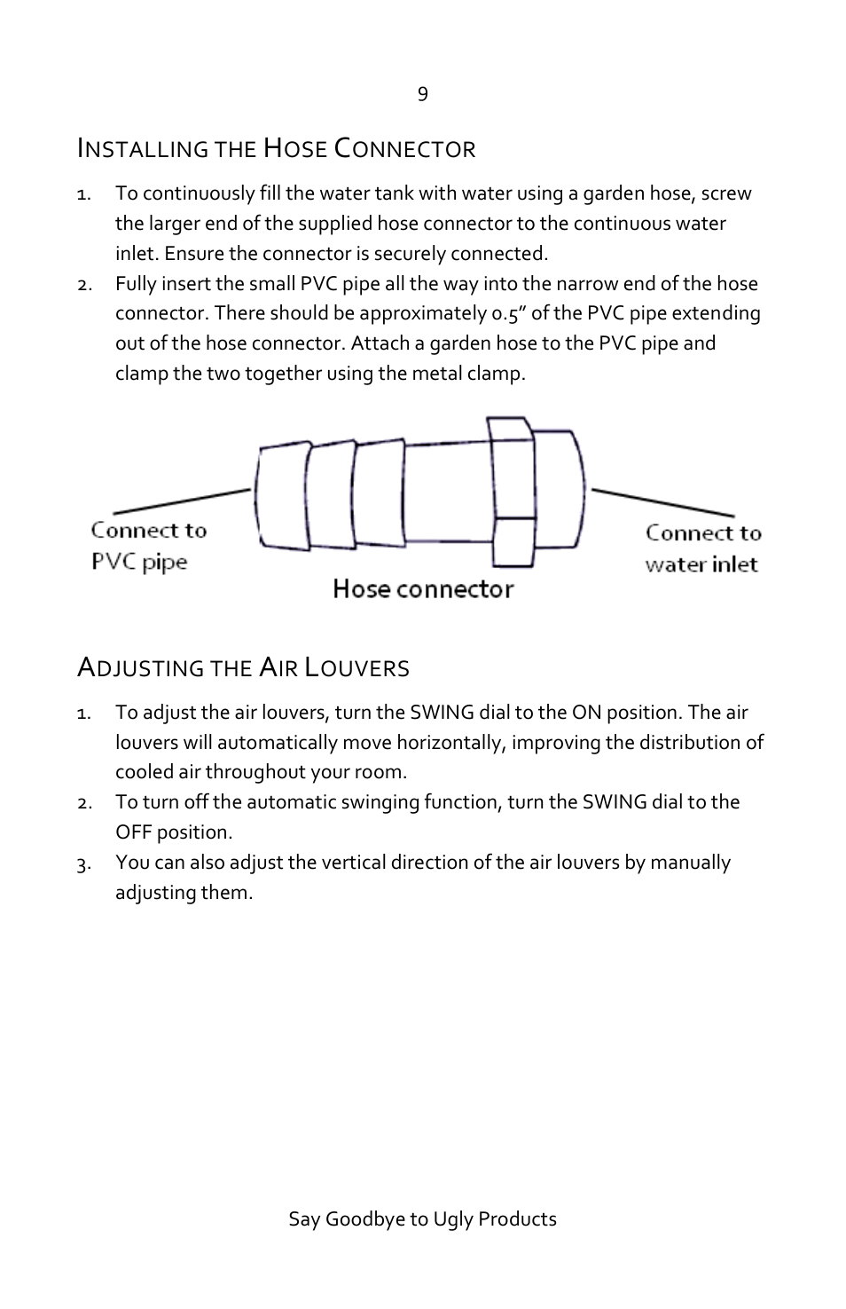 Installing the hose connector, Adjusting the air louvers | Luma Comfort EC220W Manual User Manual | Page 9 / 14