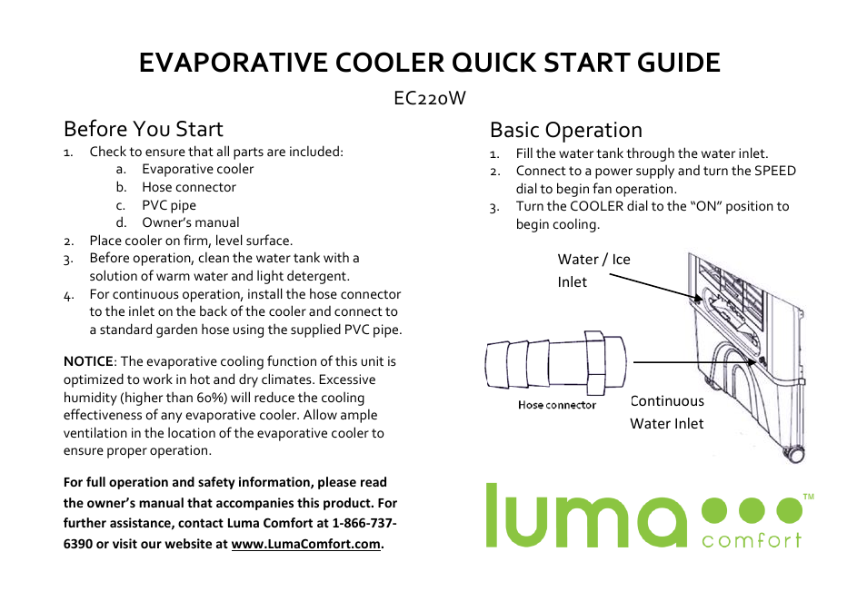 Luma Comfort EC220W Quick Start User Manual | 1 page