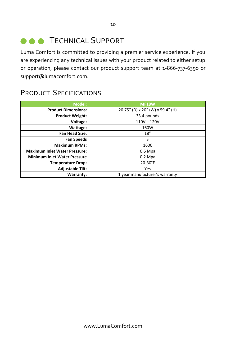 Technical support, Product specifications, Echnical | Upport | Luma Comfort MF18W User Manual | Page 10 / 12