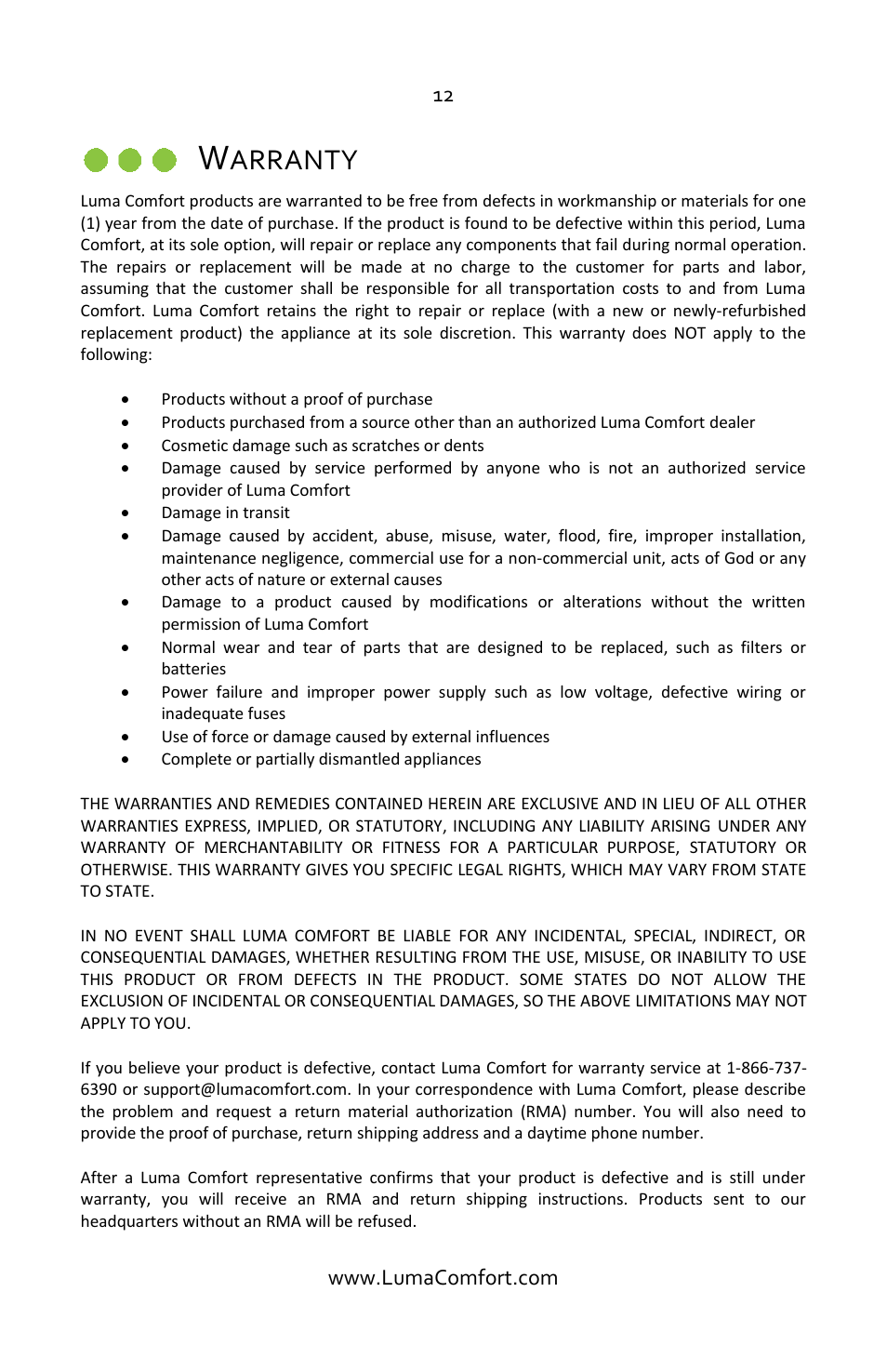 Warranty, Arranty | Luma Comfort MF18W User Manual | Page 12 / 12