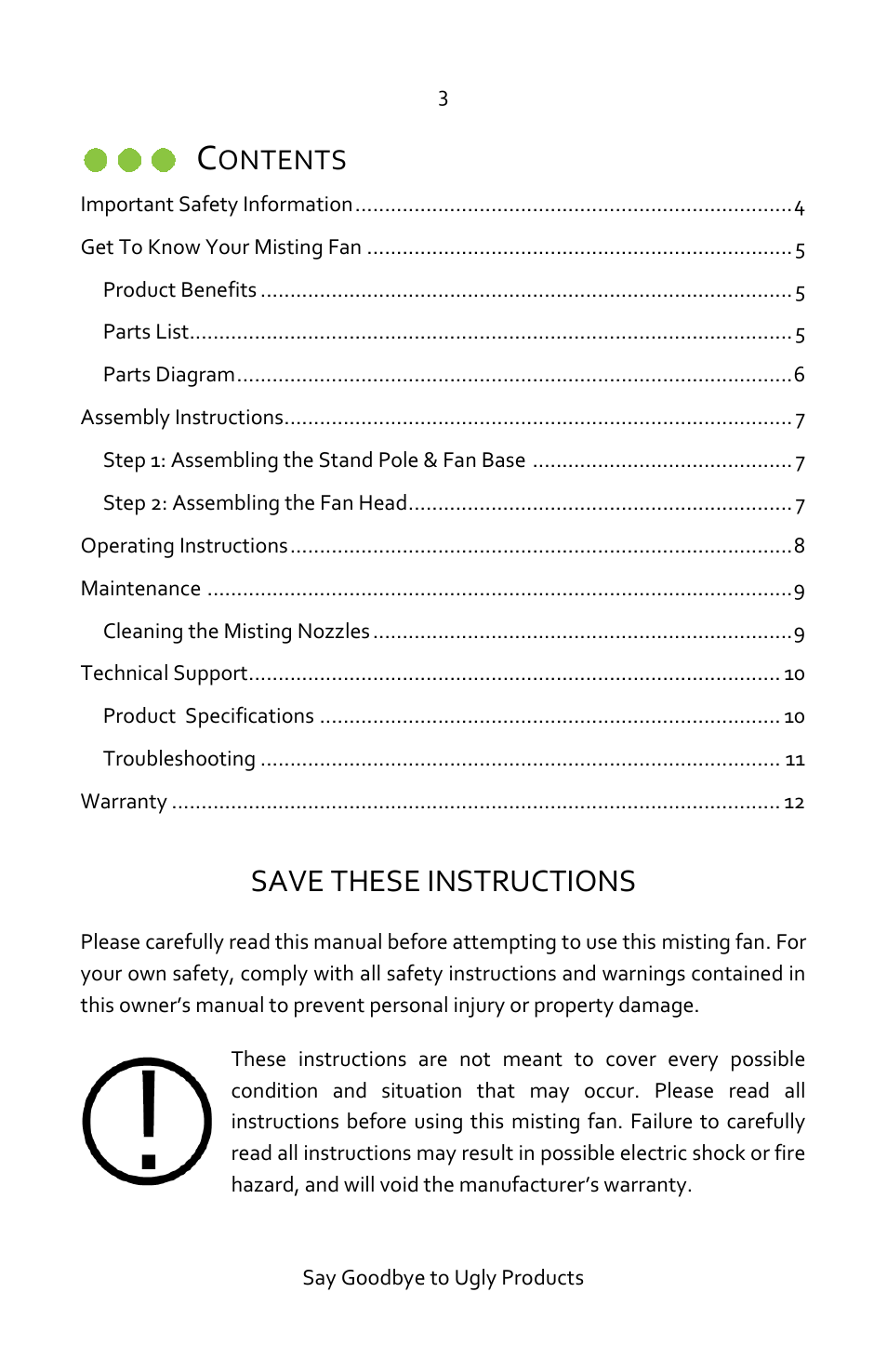 Save these instructions, Ontents | Luma Comfort MF18W User Manual | Page 3 / 12