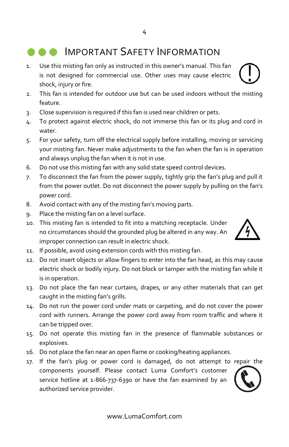 Important safety information, Mportant, Afety | Nformation | Luma Comfort MF18W User Manual | Page 4 / 12