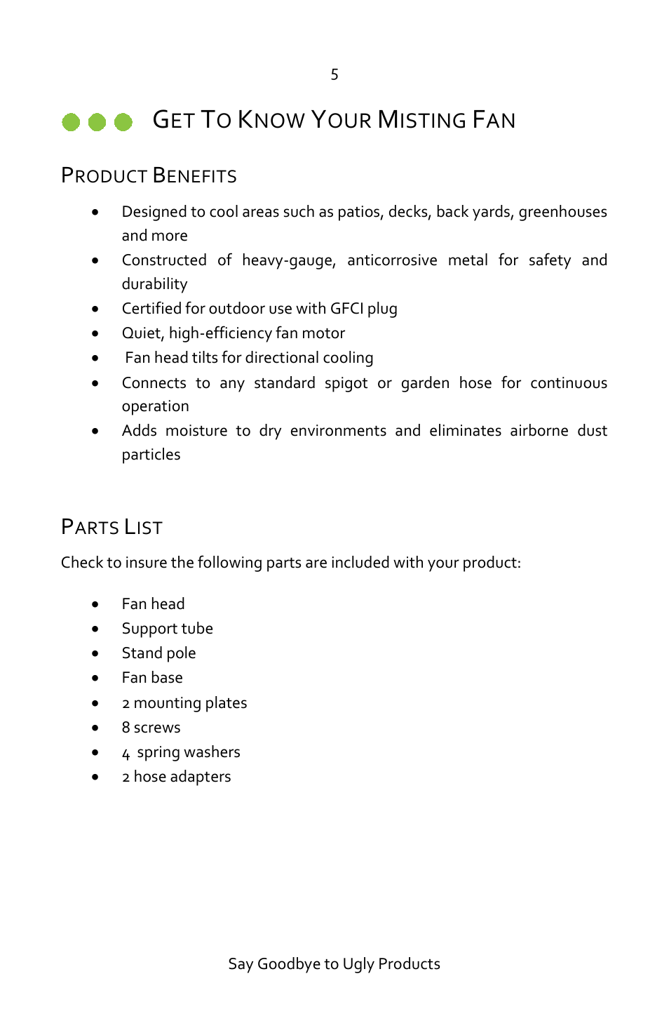 Get to know your misting fan, Product benefits, Parts list | Isting | Luma Comfort MF18W User Manual | Page 5 / 12