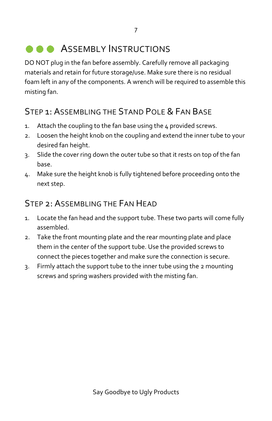 Assembly instructions, Step 1: assembling the stand pole & fan base, Step 2: assembling the fan head | Ssembly, Nstructions | Luma Comfort MF18W User Manual | Page 7 / 12