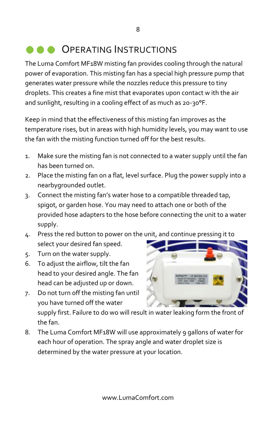 Operating instructions, Perating, Nstructions | Luma Comfort MF18W User Manual | Page 8 / 12